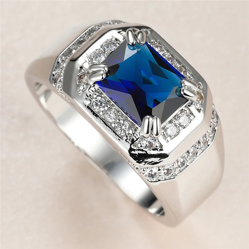 

Punk Male Female Blue Crystal Stone Ring Charm Silver Color Wedding Rings For Women Vintage Bride Square Zircon Engagement Ring