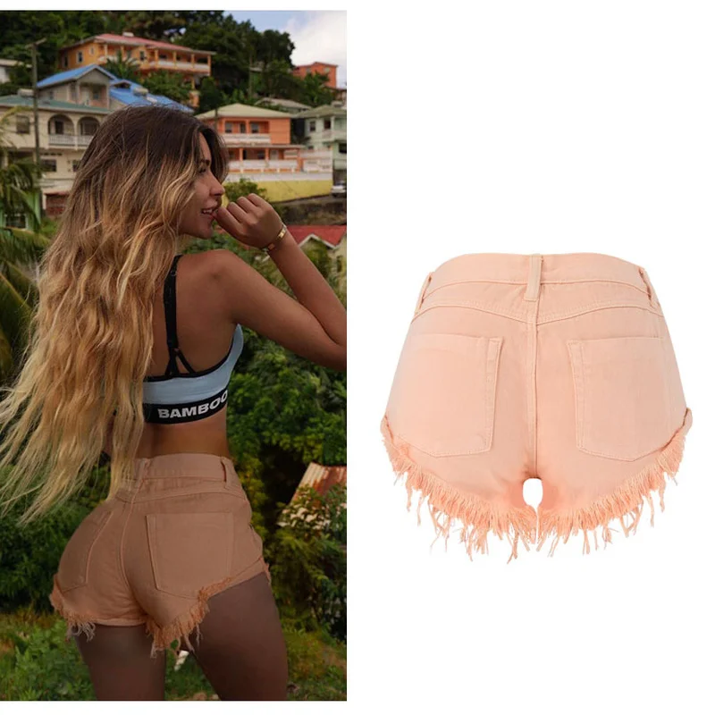 Sexy Sandy beach Low Waist Denim Shorts Women's Summer Hot Pants New Ripped Tassel Raw Hem Wide Legs Short Jeans Orange Pink | Женская