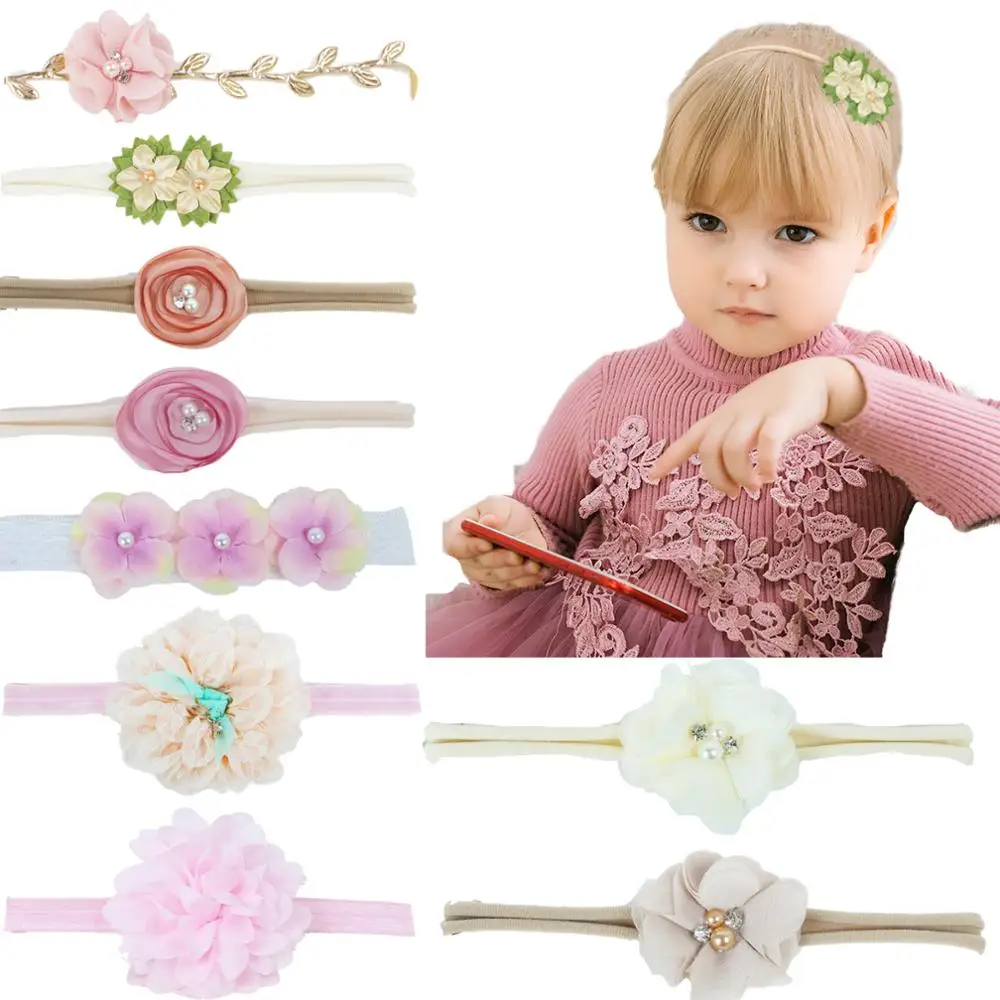 Handmade Fashion Elegance Girl Hairband Mixed Flower Baby Elastic Headwrap Pearl Jewelry Headbands Women Hair Accessories | Детская