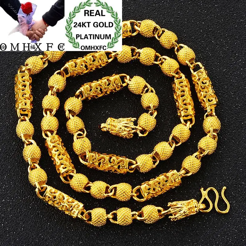 

OMHXFC оптовая продажа, Европейская мода, мужская вечеринка, свадебный подарок, длинные 60 см бусины дракона, цилиндр, настоящая 24KT Золотая цепо...