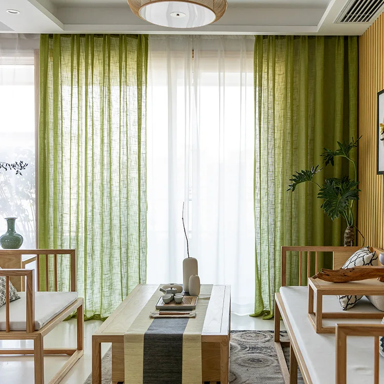 

Modern Curtains for Living Dining Room Bedroom Simple Big Belly Hemp Screens Solid Color Blinds Green Tulle curtains Custom Made