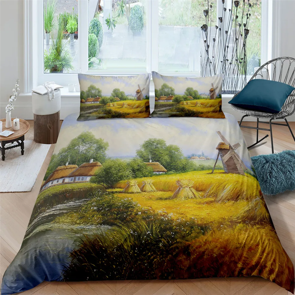 

Idyllic Scenery Printed Bedding Set Oil Painting Duvet Quilt Cover Pillowcases For Home Bedroom Single Queen King Size