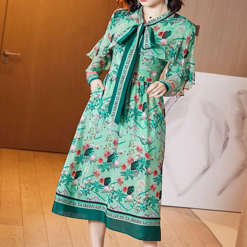 2020 spring new large size Dresses Women female temperament lotus leaf sleeve stitching floral silk print dress long | Женская одежда