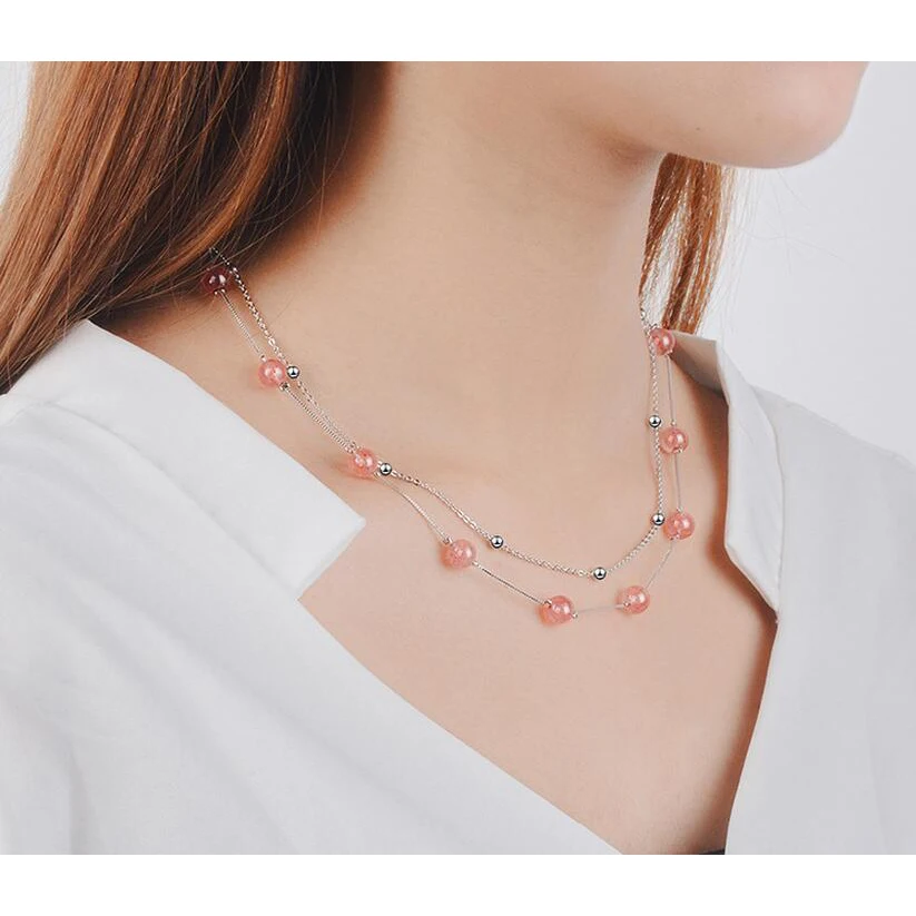 

New Strawberry Round Shape Crystal Double Chic Necklace For Women Female Han Version Pink Peach Clavicle Chain Contracted