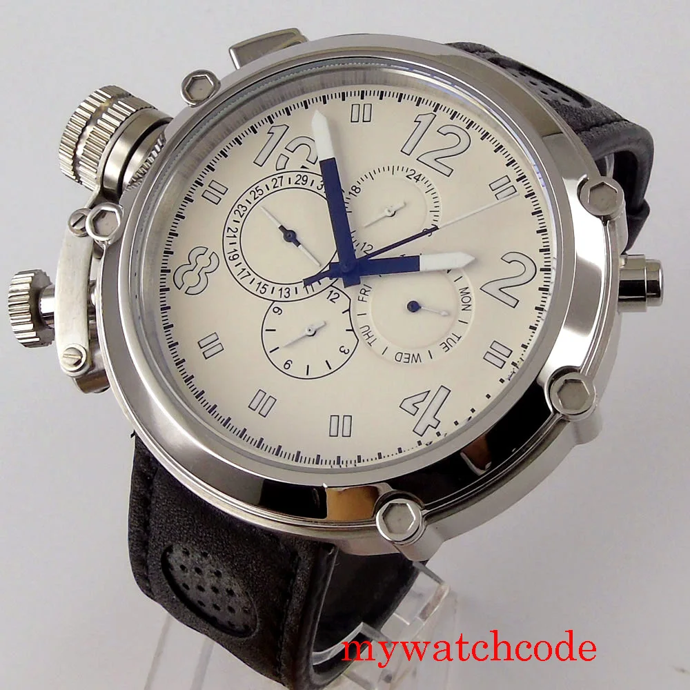 Parnis 50 мм механические Автоматические Мужские часы с большим кожаным ремешком и