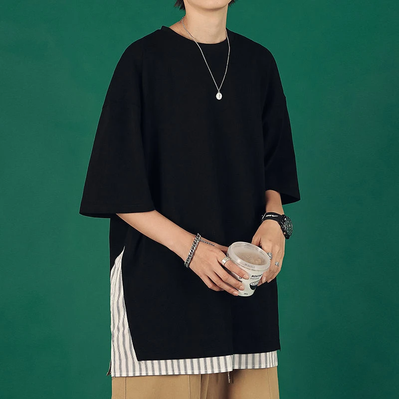 Футболка мужская оверсайз в полоску свободная рубашка с имитацией двух коротких