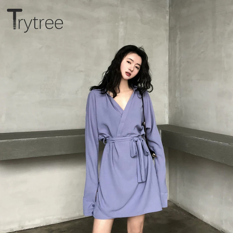 Женское платье-рубашка Trytree однотонное Повседневное платье-трапеция с v-образным