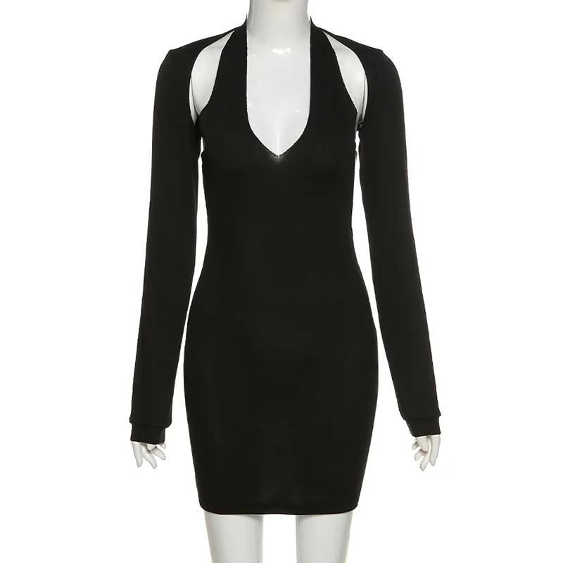 

Sexy Halter Two-Piece Dress Fall Winter New Fashion Long Sleeve Dress Women Vintage Slim Knit Sweater Dresses For Women Party