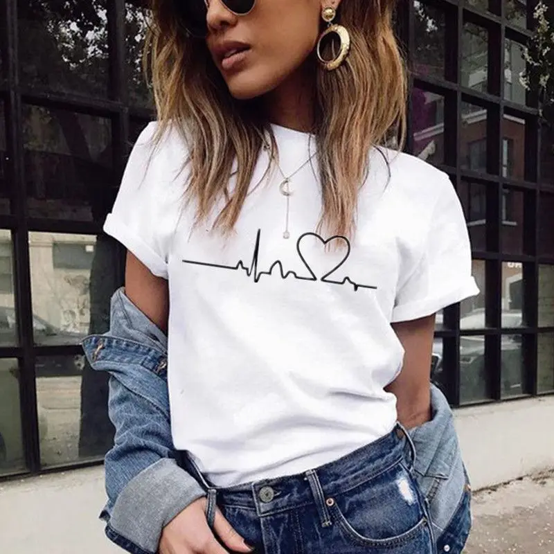 

2021 New Harajuku Leisure Women T-shirt Heartbeat Print Summer Casual Tops Female Graphic Clothing Short Sleeve Shirts for Women