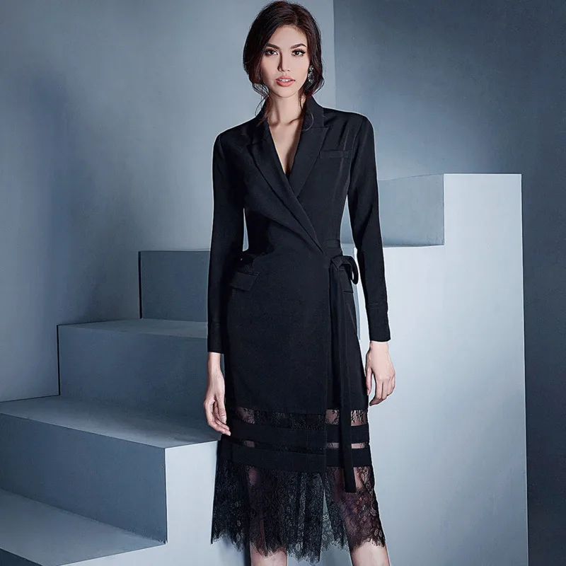 

DEAT Women White Patchwork Lace Bandage Pockets Dress New Turn-down Collar Long Sleeve Slim Fit Fashion Tide Summer 2021 7E0253