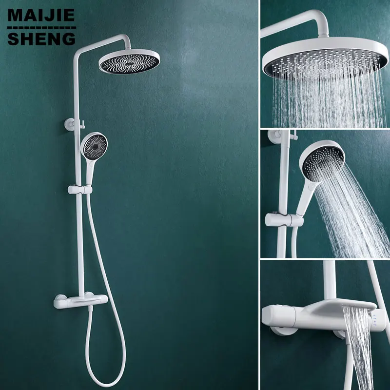 

Душевая система с термостатом для ванной комнаты, Белый настенный смеситель для горячей и холодной воды с квадратной головкой, кран «Водопад» для спа