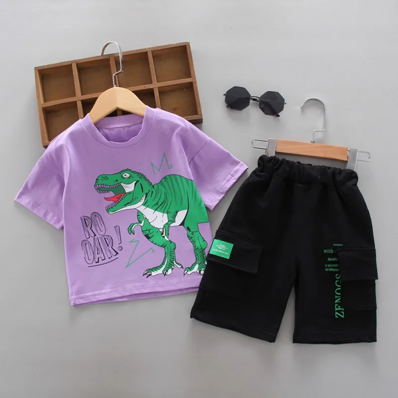 

Summer Baby Boys Clothes Cartoon Dinosaur Print Short Sleeve T-shirt Shorts 2pcs Suit