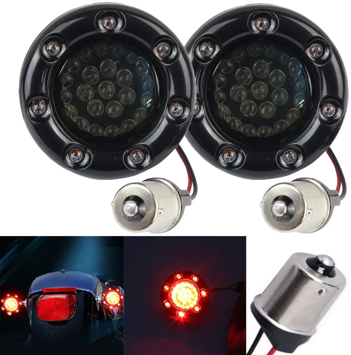 

2" LED Turn Signals w/Brake Running Light Bullet Style Rear 1156 Red LED Turn Signal Kit for Harley Davidson Black Case