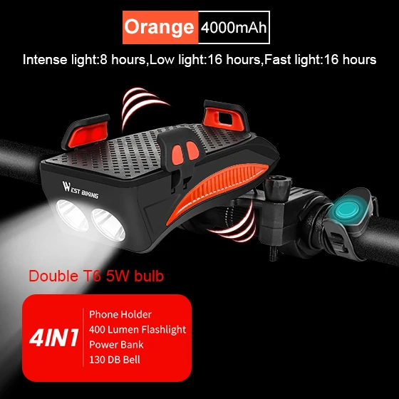 4000 mAh Orange WEST BIKING 4 в 1 велосипедный светильник вспышки светильник велосипед Рог сигнализации колокол держатель телефона Мощность банка для велосипеда, аксессуары для езды на велосипеде, спереди светильник - Цвет: 4000 mAh Orange