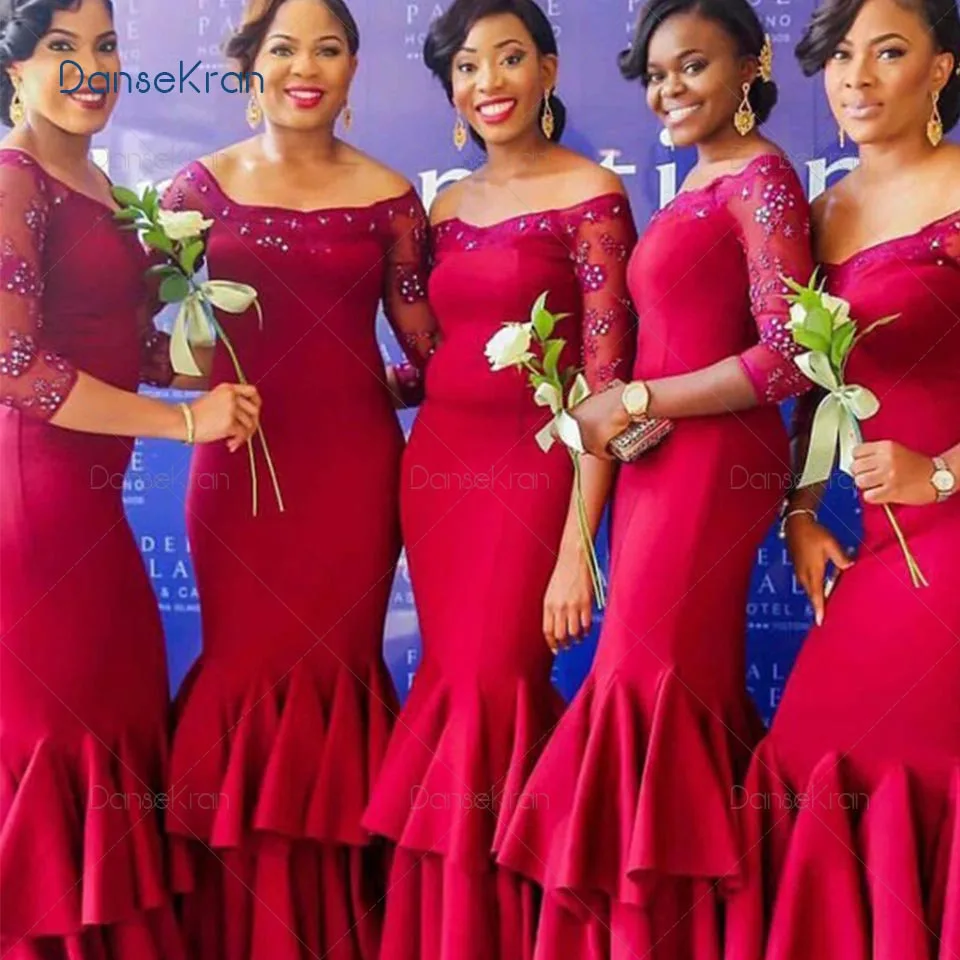 

Красное платье подружки невесты русалки с длинным рукавом три четверти с открытыми плечами многослойное свадебное платье гостя с аппликац...