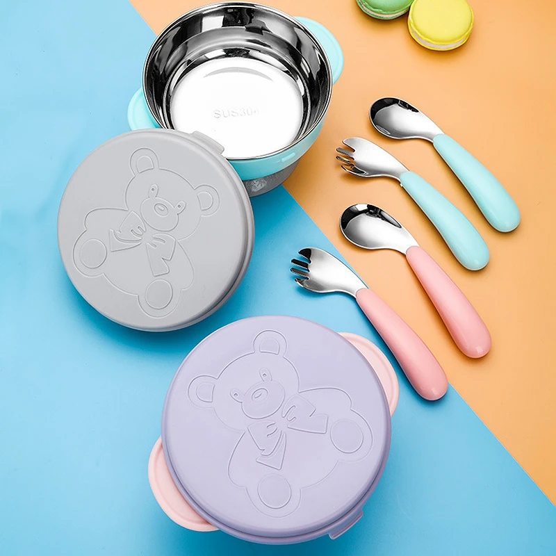 

Набор детской посуды из нержавеющей стали, миска для кормления для детей с ложкой, мультяшная чашка для малышей с изолированной присоской т...
