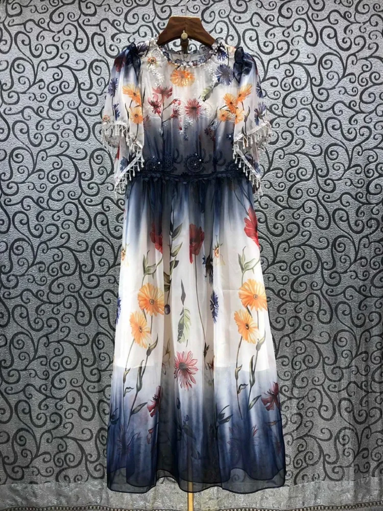 

Luxury Dress 2021 Summer Vintage Party Evening Women O-Neck Gradient Color Print Tassel Beading Deco Mid-Calf Large Swing Dress