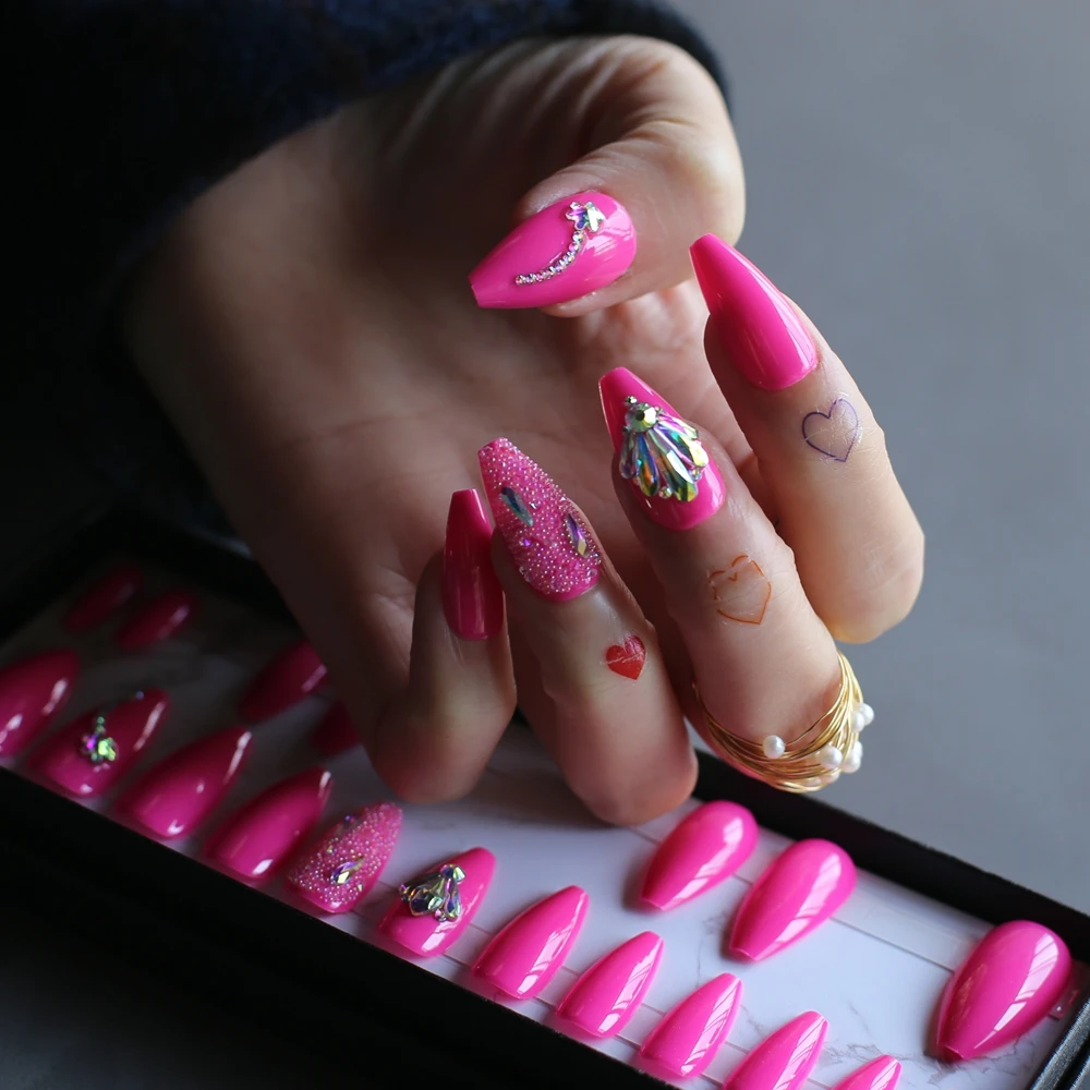 

Накладные ногти в форме розового гроба, дизайн большого пальца, Хрустальная форма, милый цветок, лучший друг, подарок, яркий пресс для ногтей, гвозди для балерины