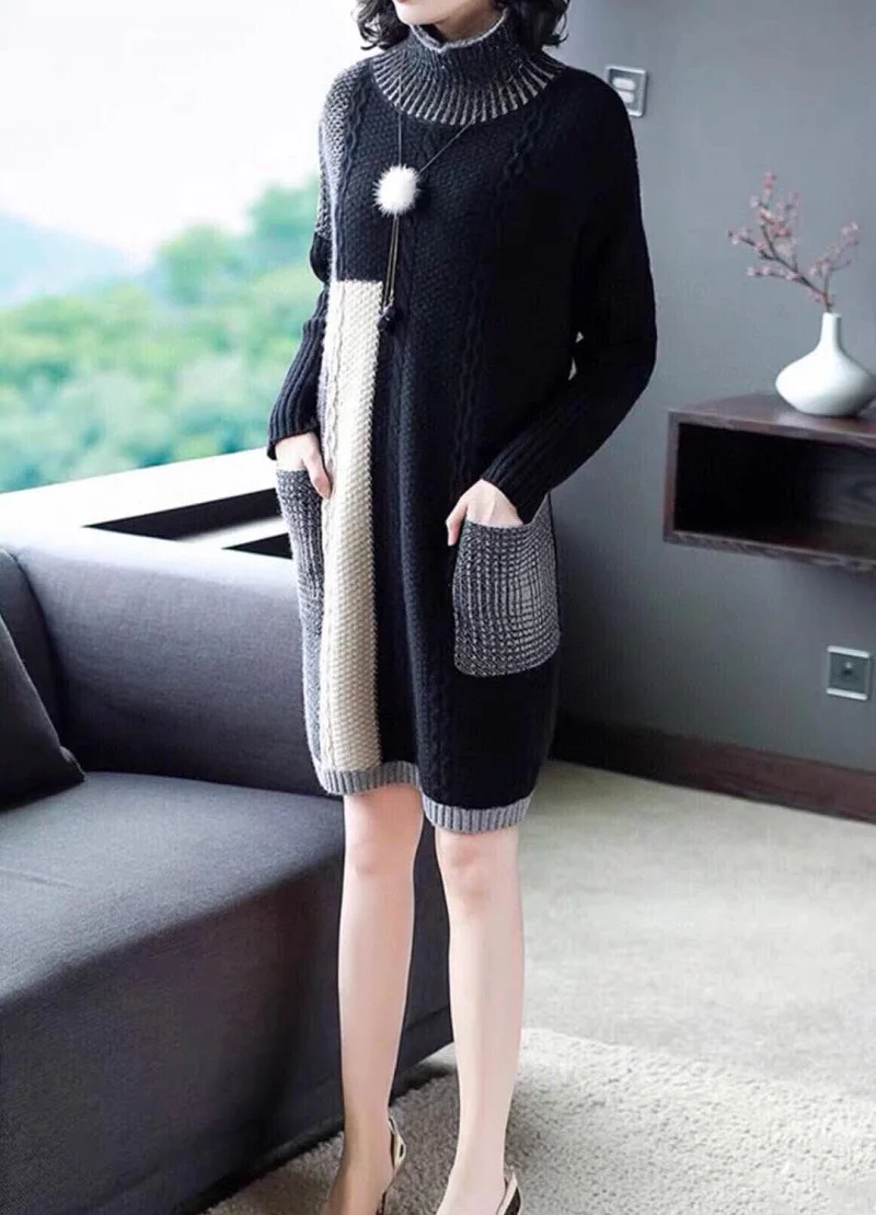 

Sweater Dress Turtleneck 2021 Autumn Winter Warm Dress High Quality Women Color Block Knitting Pocket Patchwork Casual Dress