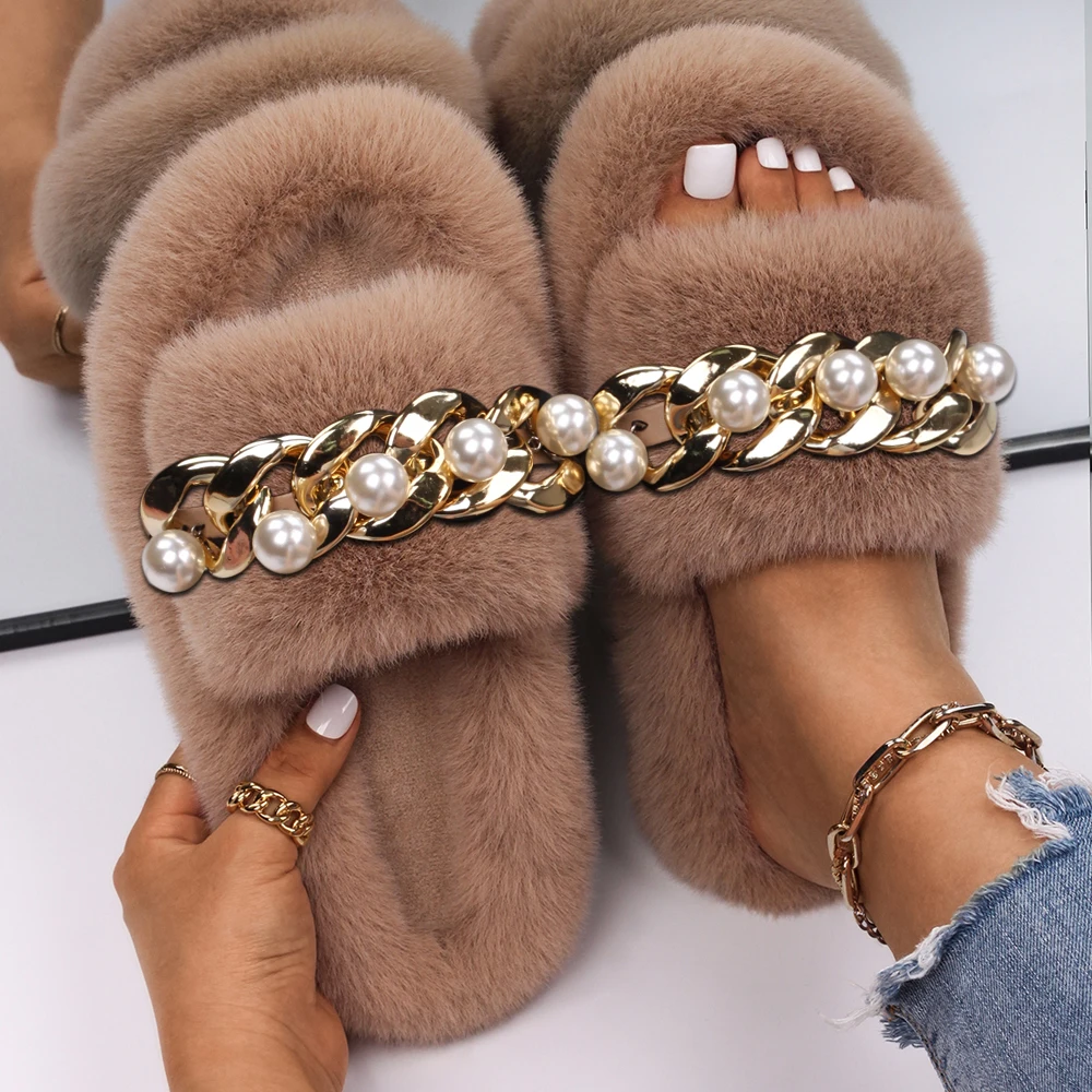 Fashion Slippers Women Golden Chain Fluffy Flip Flops Ladies Designer Faux Fur Slides Luxury Pearl Slippers Flat Sandals Shoes