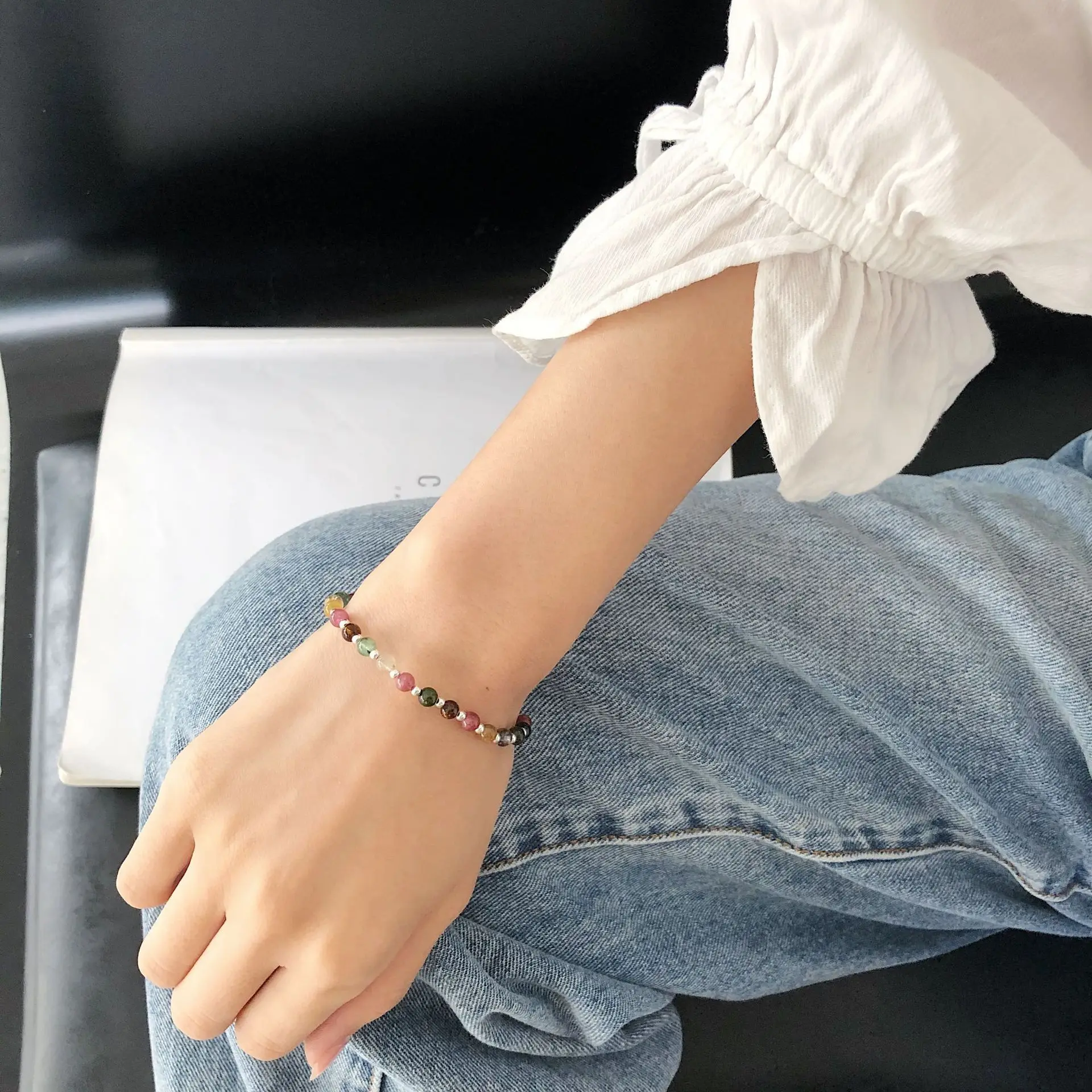 Натуральный турмалиновый серебряный браслет с бусинами украшение простой 925