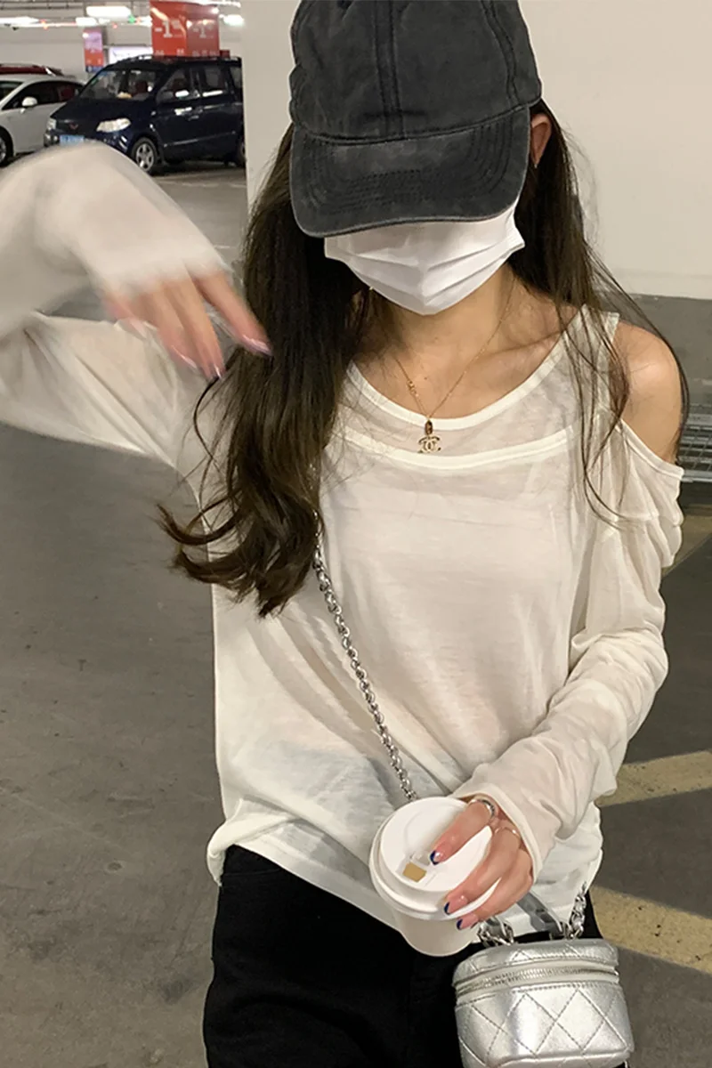 Черный ленивый 3-цветный Топ с длинным рукавом и открытыми плечами женская летняя