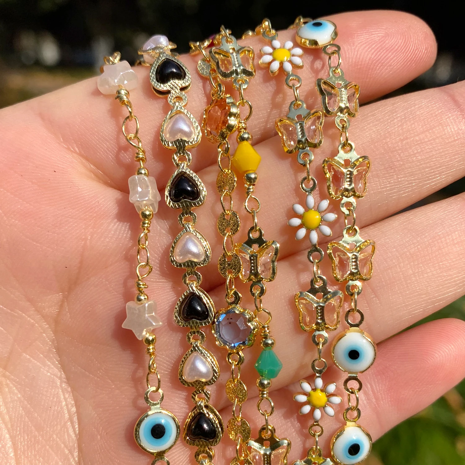 

1Meter Gold Color Devil's Eyes Butterfly Heart Shape Pearls Chains for Bracelets Necklace Ankles Jewelry Making DIY Accessories