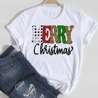 clothes 2022 festival women merry christmas leopard letter t shirts cartoon fashion top graphic new year tshirt holiday tee
