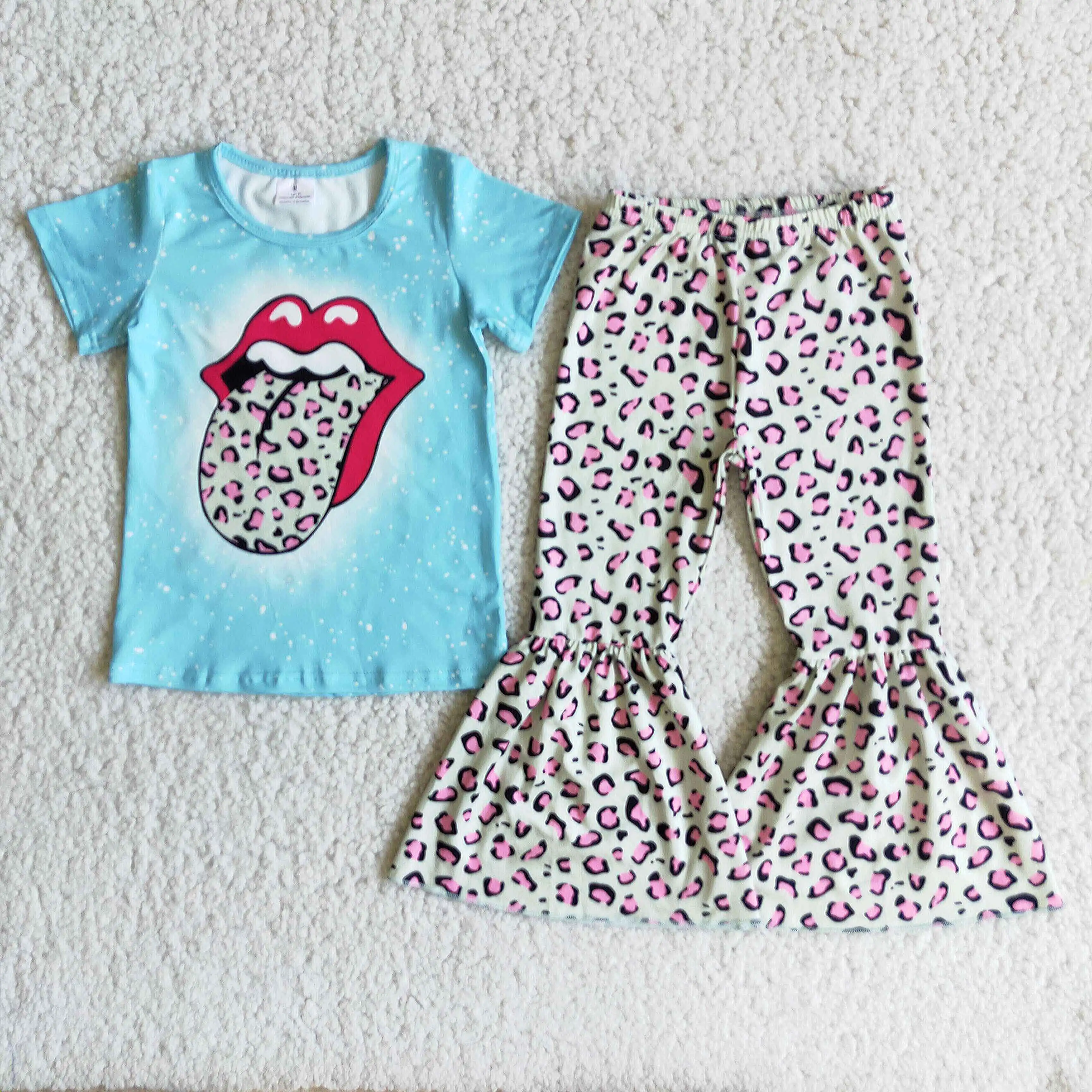 

Leopard Tongue Print Blue T-shirt And Leopard Print Bell-bottoms Summer Autumn Girl's Clothing
