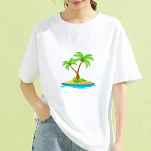 Summer Fashion Shirt Coconut tree theme Graphic T Shirt White Tees 90s Fashion Kawaii Women Tops Base O-neck Top Tees Female