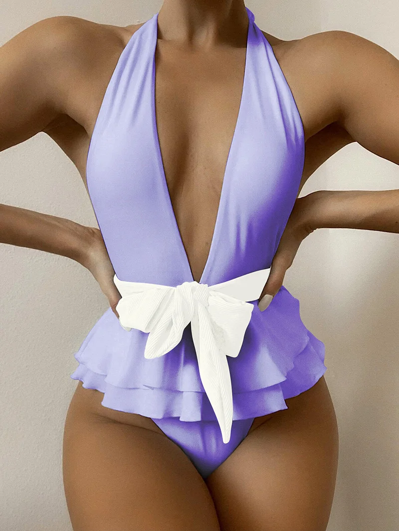 Sexy Halter Ruffled Deep V Monokini One Piece Swimsuit Women Backless Swimwear Female Bather With Bandage Bathing Suit Swim