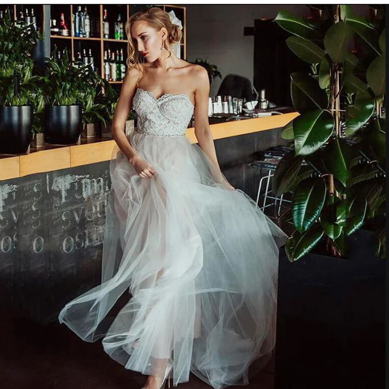 

Свадебное платье в стиле бохо Vestido De Noiva 2020, Кружевной Топ без бретелек, платье невесты с открытой спиной, свадебные платья в стиле бохо