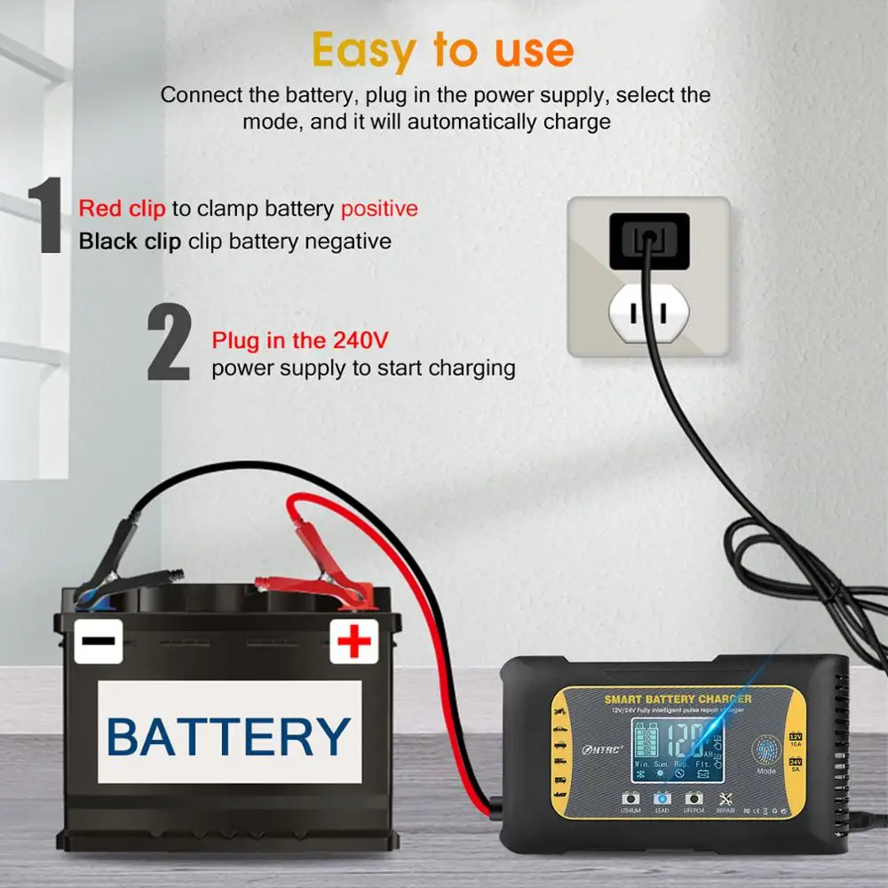 

HTRC Car Battery Charger 12V10A 24V5A Fully Intelligent Pluse Repair Charger For Lithium Lead-Acid LIFEFO4 AGM Battery