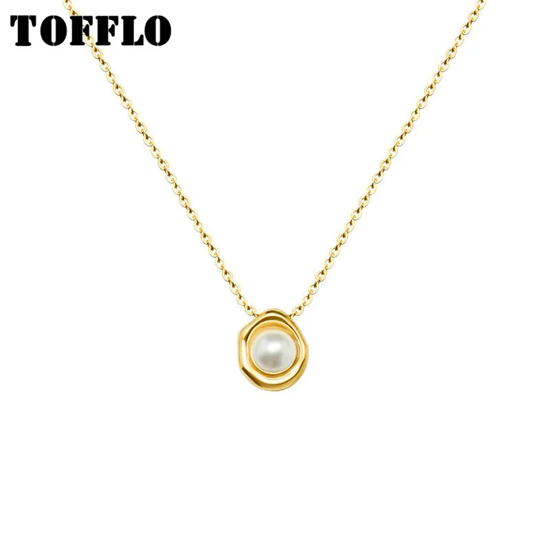 

TOFFLO ювелирные изделия из нержавеющей стали жемчужное ожерелье с вогнутой подвеской женская элегантная цепочка до ключиц BSP477