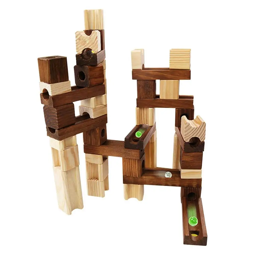 

Children Wooden Marble Blocks Runs Block Toy with Glass Beads Kids Building Construction Assemble Rail Blocks Educational Toy