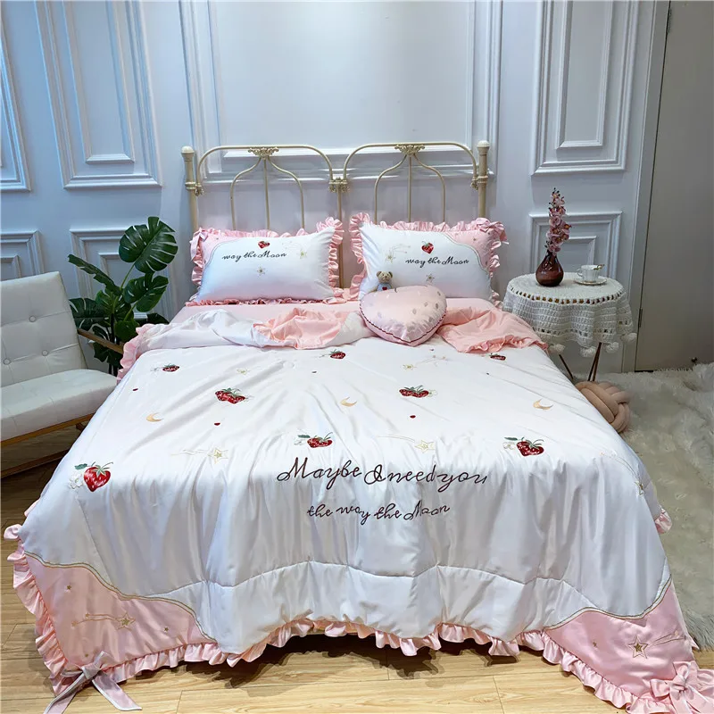 

Girly Heart Double-Sided Tencel Ice Silk Summer Blanket Four-Piece Set Bare Sleeping Silky Princess Style Summer Quilt Ai