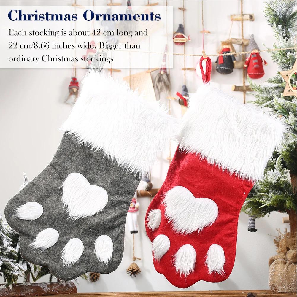 

New Year Christmas Stocking Plush Pet Paw Candy Bag Christmas Tree Decoration Gift Bag Hanging Holiday House Decoration