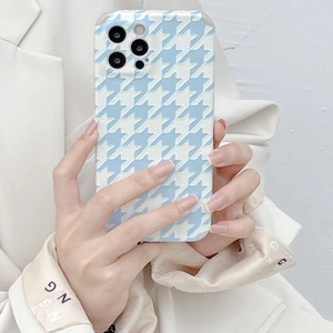 ins cute retro blue grid houndstooth phone case for iphone 12 11 pro max xr x xs max 7 8plus se 2020 cases soft leather cover free global shipping