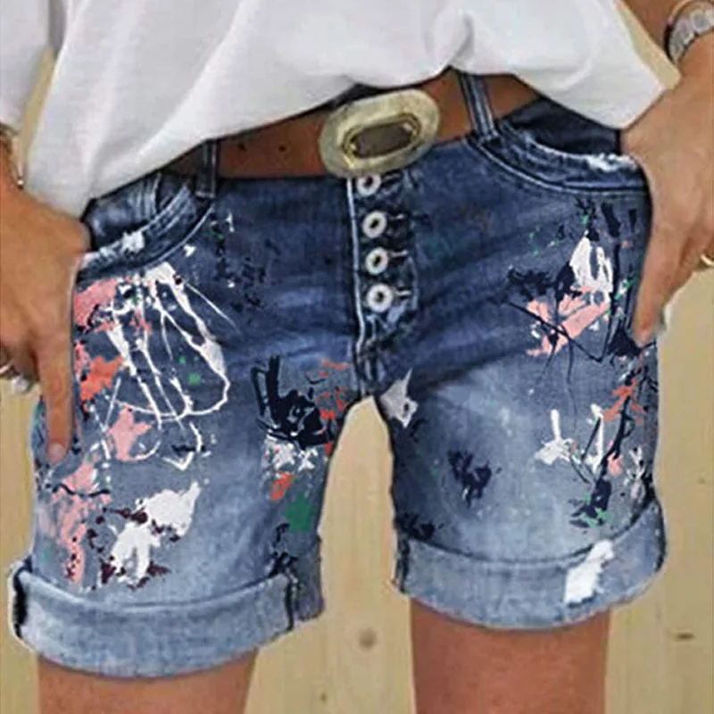 

Summer Plus Size Women High Waist Denim Short Pants Women Jeans Floral Printing Short Pant Denim Shorts Washing Print Jeans
