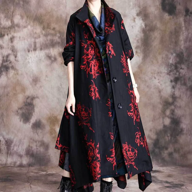 Autumn Winter Oversized Windbreaker Women Retro Stand Collar Ethnic Style Printing Irregular Long Coat Cloak Coat Windbreaker