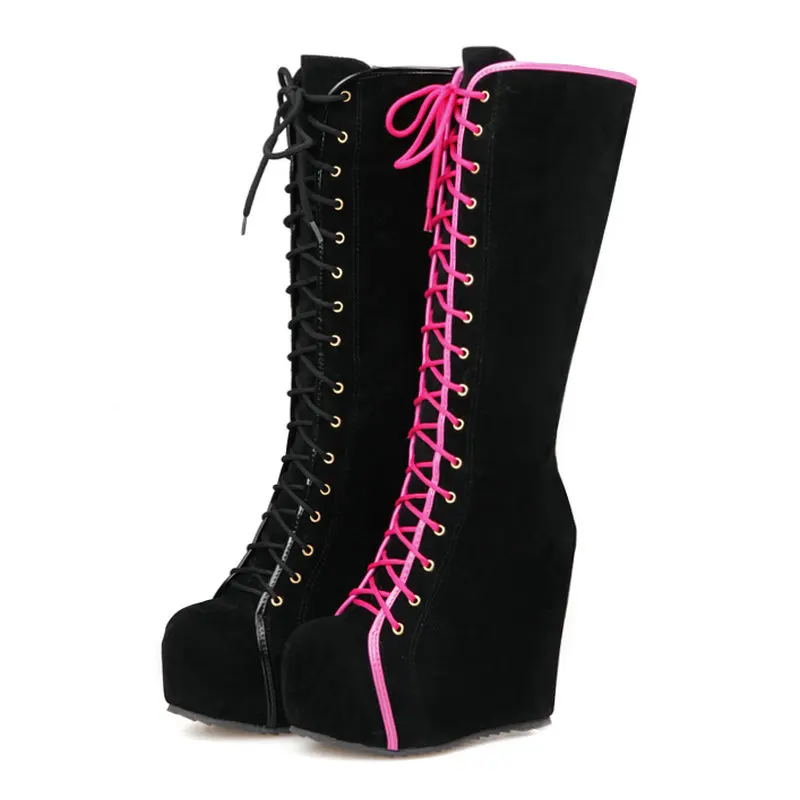 

2021 New Brand Boots Women Lace Up Round Toe Fashion Platform Knee High Boots Autumn Winter College Style Height Increase Shoes