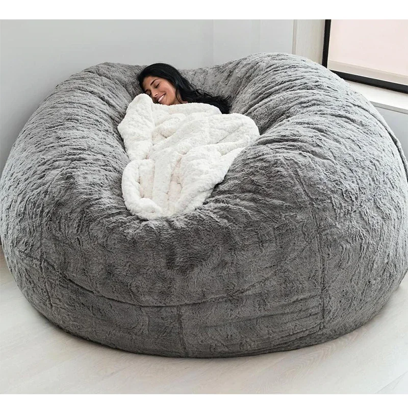 

Dropshipping 200cm Giant Fur Bean Bag Cover Big Round Soft Fluffy Faux Fur BeanBag Lazy Sofa Bed Cover Living Room Furniture