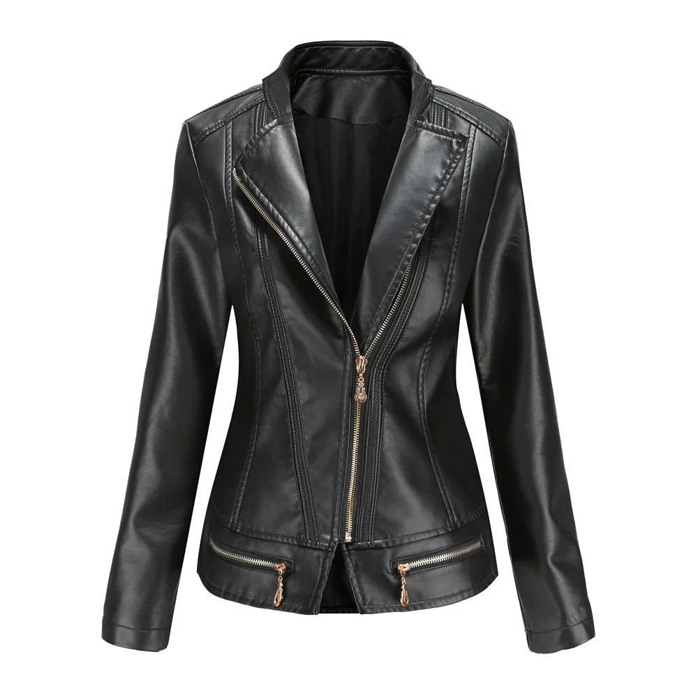 

New Women's Leather Jacket Autumn Spring Slim Turn-down Collar PU Leather Jacket Women Zipper Motorcycle Jackets Outwear Female