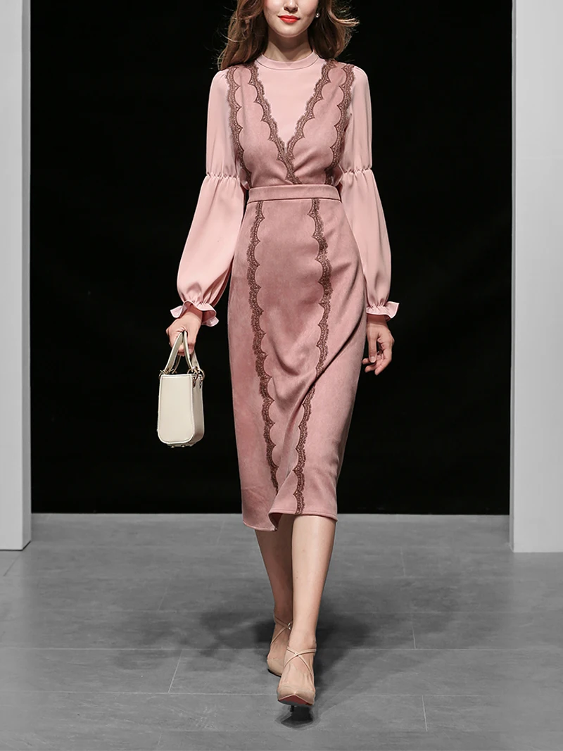 2019 осенние модные женские платья из двух частей с круглым вырезом длинными