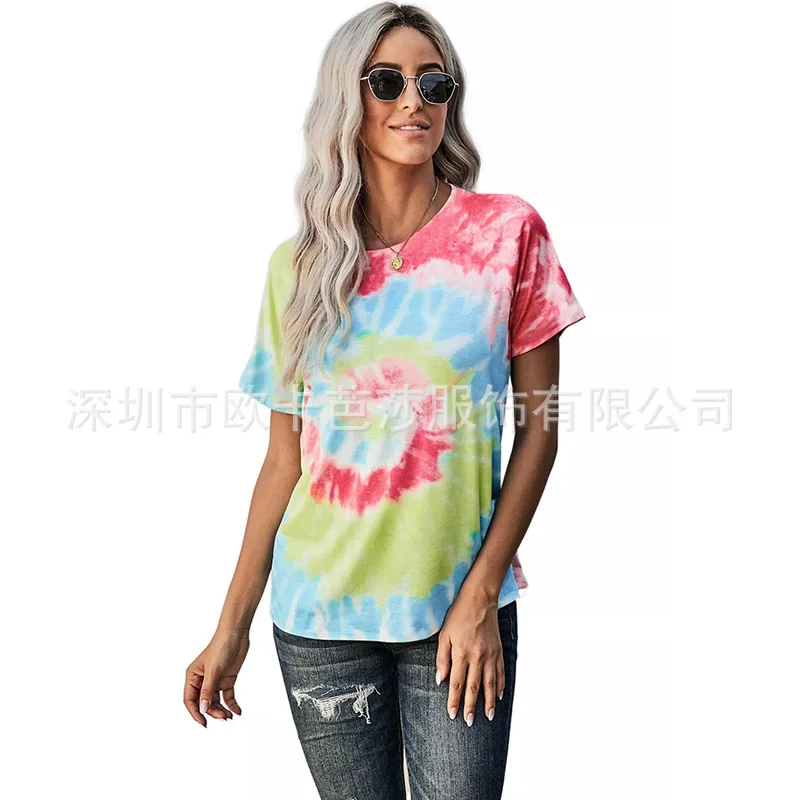 

Fashion 2021 spring and summer new women's tie dye printing short sleeve casual T-shirt top