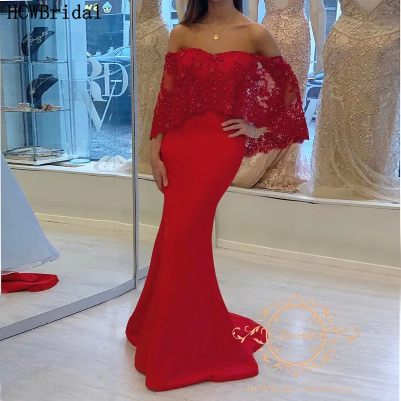 

Long Formal Arabic Evening Dress New Arrival Chic Pearls Lace Off The Shoulder Mermaid Prom Gowns Robe De Soiree Customize