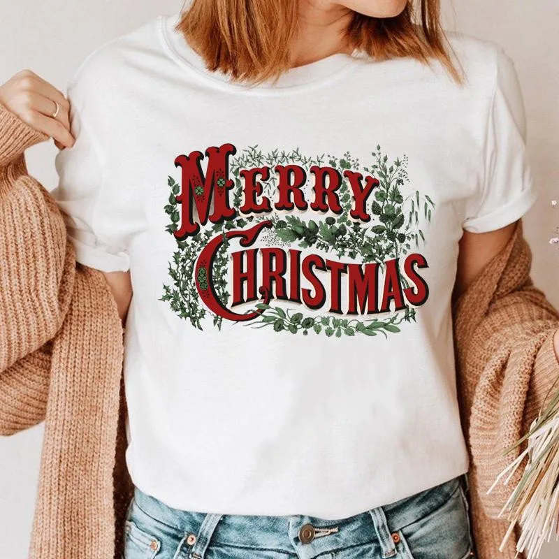 

Women Holiday Casual Letters Ladies New Year Tshirt Top Happy Merry Christmas Cartoon Clothes Fashion Graphic Female Tee T-shirt