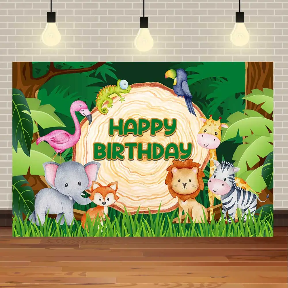 NeoBack Happy Birthday Baby Shower Wild Animals Rainforest Wooden Stake Party Banner Photo Backdrop Photography Background