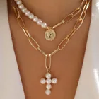 Ожерелье женское с подвеской в виде креста, 2 шт.компл., золотого цвета, с фигуркой головы, короткое колье цепь