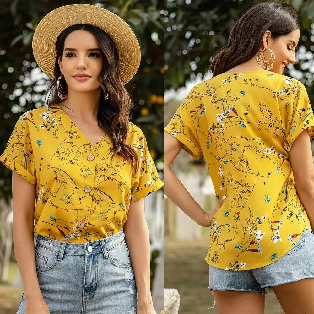 

2021 new women's printed versatile top Chiffon short sleeve V-neck